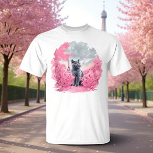 Camiseta con estampado de gato y flor de cerezo en París, camiseta gráfica con estampado digital de manga corta y cuello redondo para adultos - Product Image 3