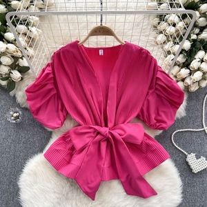For Fashion Women's Pleated Bubble Sleeve <b>Blouse</b> Bowknot Waisted Ruffle Hem Top Casual Style With Solid Pattern for Summer - Product Image 6