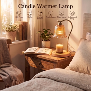 Chauffe-cire vintage à bras courbé, avec verre côtelé à volants, 4 niveaux de luminosité réglables, compatible avec toutes les bougies de moins de 5,5 pouces - Product Image 6
