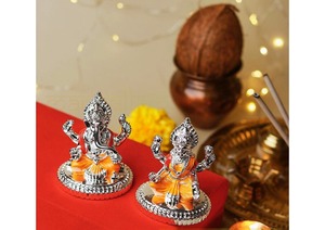Silver Plated Ganesh Lakshmi Murti Set 2.7 Inch Hindu Religious Idol Decorative <b>Statue</b> Pooja Home Temple Decor Gift - Product Image 3
