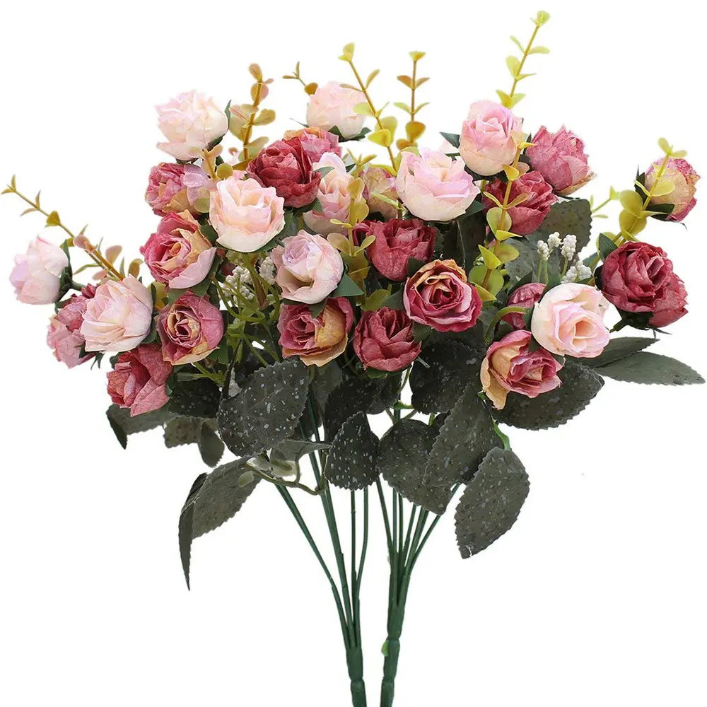 Ramo de flores artificiales de seda, 7 ramas, 21 cabezas, hoja, rosa, decoración Floral de boda