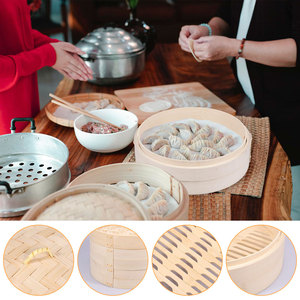 Cesta Vaporera de Bambú Natural de 10-30 cm con Tapa de Acero Inoxidable, Capacidad de 6 L, 2 Niveles para Cocinar al Vapor Verduras, Bollos, <span class=keywords><strong>Dim</strong></span> <span class=keywords><strong>Sum</strong></span> - Product Image 5