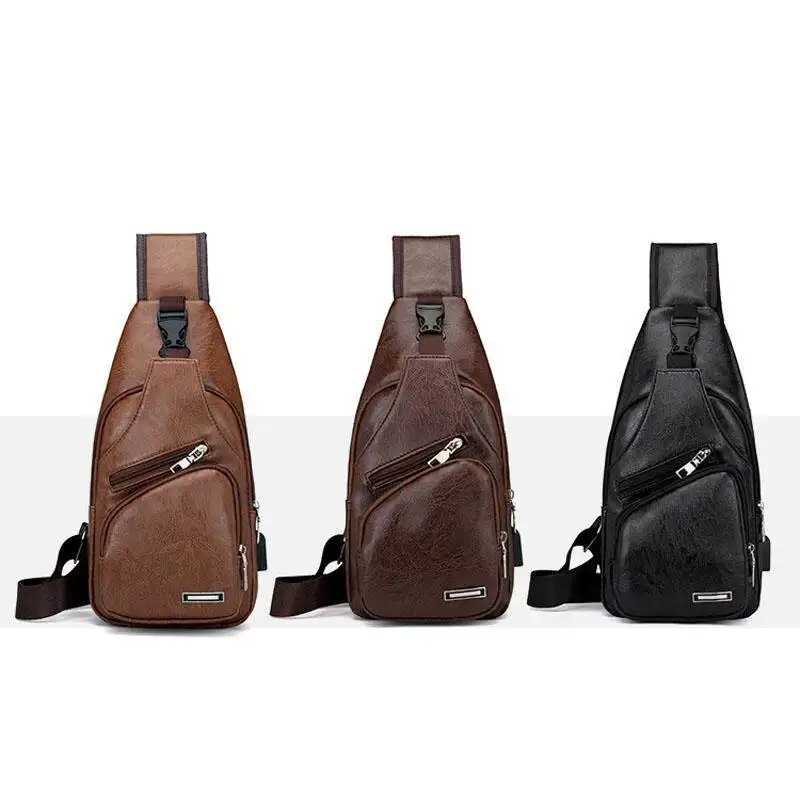 Cheap PU Leather Sling Bag with USB Charging Earphone Hook Men Chest Bags Wholesale Bags Supplier