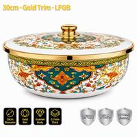 Bol en émail Senny de 30 cm, épaisseur 0,7 mm, avec couvercle, bord doré, motif floral chinois, bassin de rangement polyvalent, vente en gros usine