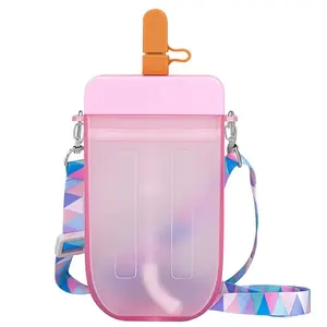 300ml 2022 New Summer Creative Cute Strap Popsicle shape Ice Cream Plastic Water Bottle For Kids Student Portable Straw Cup