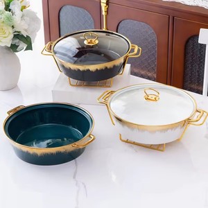 Pot en céramique carré de 11 pouces avec couvercle en verre à poignée en acier inoxydable plaqué or pour soupe sur cuisinière à gaz présenté dans une boîte cadeau - Product Image 4