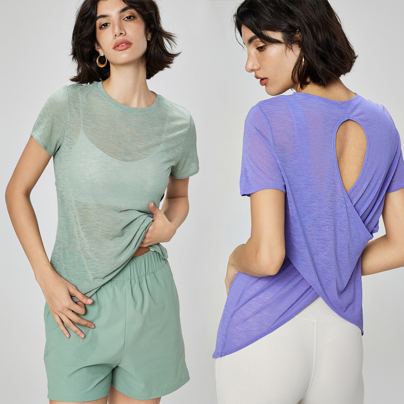 Sheer Short Sleeve Cut Out Yoga Sports Top Strappy Athletic Short-Sleeve Tees Workout Gym T-Shirts for Women