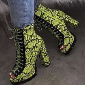 High Chunky Heel Lace up Women Ankle <b>Boots</b> Med <b>Platform</b> Women Shoes Breathable Snakeskin Print Side Zip Peep Toe Short Booties - Product Image 2