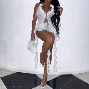 Nuova Moda Estiva Sexy <span class=keywords><strong>Top</strong></span> Corto Senza Maniche con Frange Irregolari e Cintura per Donne - Product Image 1