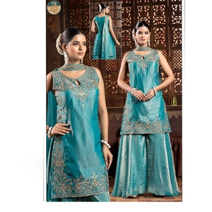 Ensemble Kurti Sharara Palazzo brodé en turquoise pour femmes avec dupatta, tenue ethnique de fête festive de mariage, tenue de créateur - Product Image 1