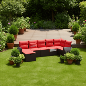 Set di divani da giardino in polyrattan marrone con cuscini, 7 pezzi, mobili da giardino per esterni, design contemporaneo - Product Image 2