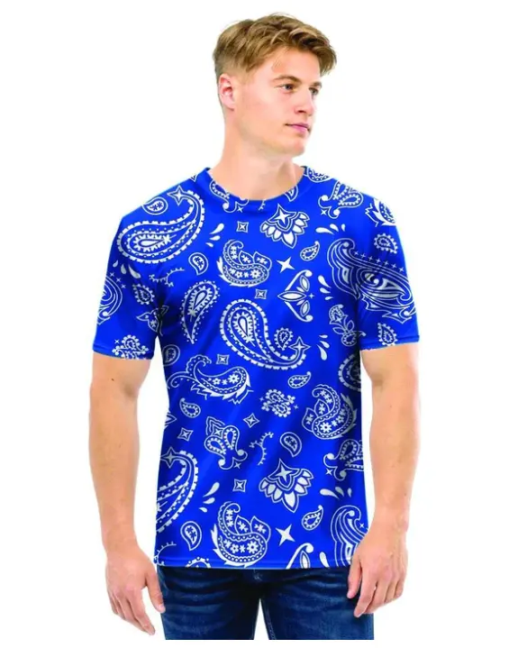 독특한 페이즐리 스타일의 맞춤형 남성용 티셔츠 남성용 반팔 폴리에스터 크루 넥 의류 도매 여름 부드러운 의류