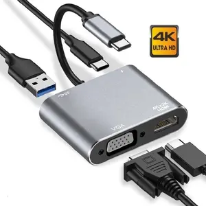 4K 4 in 1 USB C Hub Dockstation mit Multi-Anschluss 60 W PD VGA HDTV USB Typ-C 3.0 Adapter 4IN1 USB-C Hub-Wechselrichter Extender