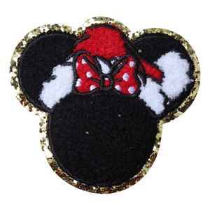 Patch en chenille thermocollant mignon en forme de souris de dessin animé, avec bordure brodée à paillettes dorées et nœud fantôme - Product Image 5