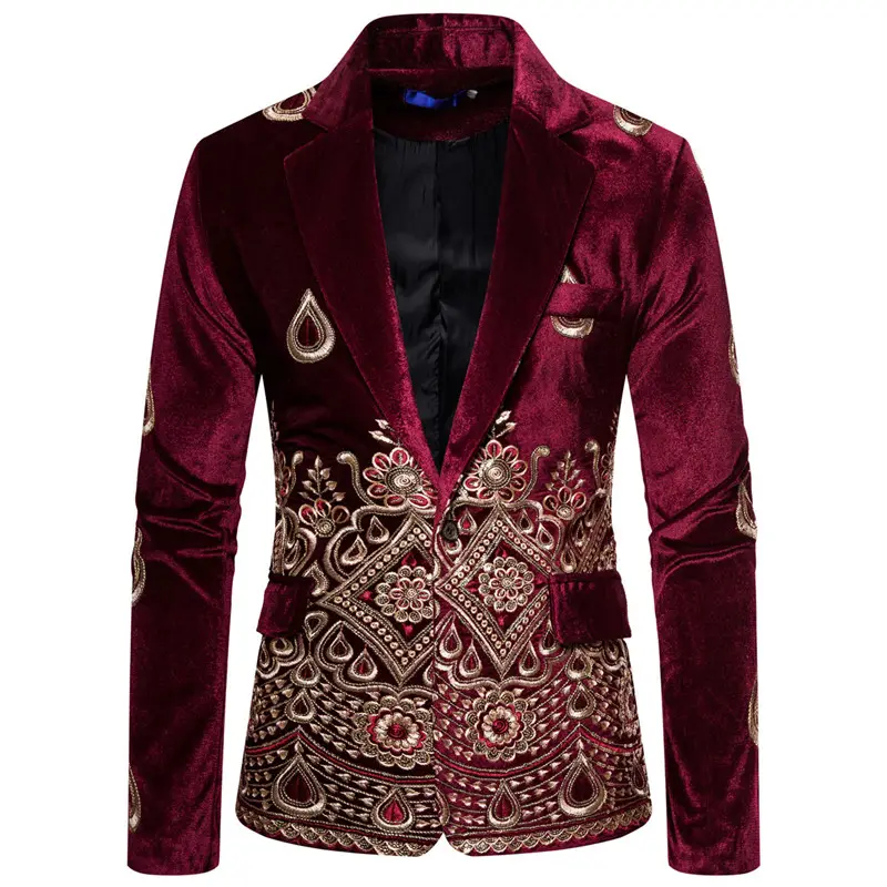 men's gold thread embroidery suit velvet one button dress costume slim fit blazer single suit jacket