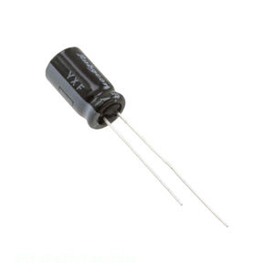 Condensador de canal del fabricante CAP ALUM 47UF 20% 35V RADIAL TH 35YXF47MTA6.3X11 47 uF de montaje a través de orificio - Product Image 1