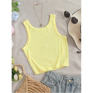 FOXA Débardeur pour femme avec broderie citron, col rond, sans manches, en tricot côtelé, en coton respirant - Product Image 3