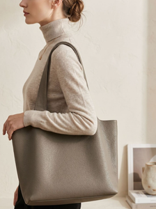 Genuine Leather Tote Bag Pebbled Texture Solid Color Minimalist Style Open Top Daily Use Women's Shoulder <b>Handbag</b> - Product Image 3