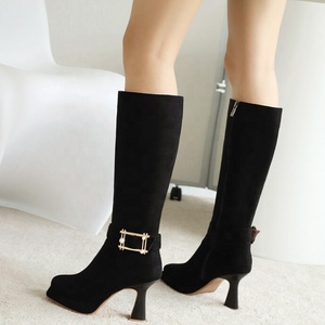 Woman Square Toe Long Booties Classic Suede 8.5cm Low Heels Women's Knee High Boots Metal Ornament Side Zipper <b>Shoes</b> - Product Image 3