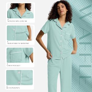 Sioro Capri Pajamas Set For Women Button <b>Down</b> Short Sleeve Waffle Knit Sleepwear Loungewear With <b>Pants</b> - Product Image 4