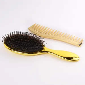 Wholesale New Fashion Flat Comb Custom Logo Electroplated Boar Bristle Mix Nylon Pins Cushion Hairbrush Set For Women Hair Brush