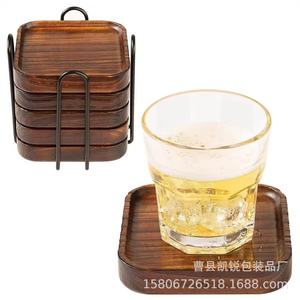 Wooden Coaster <b>Set</b> With Metal Holder Reusable For Coffee <b>Tea</b> Drinks Natural Wood Color Customizable Size - Product Image 1