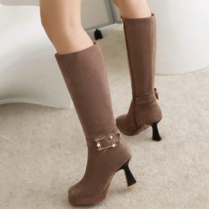 Woman Square Toe Long Booties Classic Suede 8.5cm Low Heels Women's Knee High Boots Metal Ornament Side Zipper <b>Shoes</b> - Product Image 4