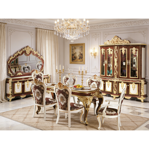 European Style Modern Eco-Friendly Wood Hand Carved <strong>9</strong>-<strong>Piece</strong> Rectangular <strong>Dining</strong> <strong>Set</strong> with Cross Back and Champagne Gold Finish - Product Image 2