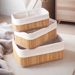 Ensemble de 3 paniers de rangement rectangulaires emboîtables en bambou naturel avec doublure en <span class=keywords><strong>tissu</strong></span> bohème <span class=keywords><strong>pour</strong></span> comptoir de salle de bain - Product Image 4