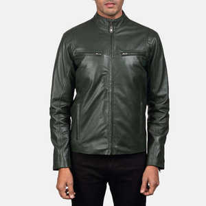 Veste en cuir vert foncé pour homme, col montant, coupe slim, fermeture éclair, style décontracté, vêtement d'extérieur en cuir pour l'hiver - Product Image 1