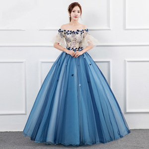 Off The Shoulder Tulle Ball Gown Dress Blue Gray Floral Print Empire Waistline Evening Dress For Women - Product Image 1