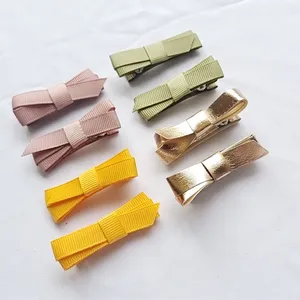 Fabric handmade Sweet small Grosgrain ribbon hair bow with clips for baby hair accessories Kids Golden PU Cute Hair Clips