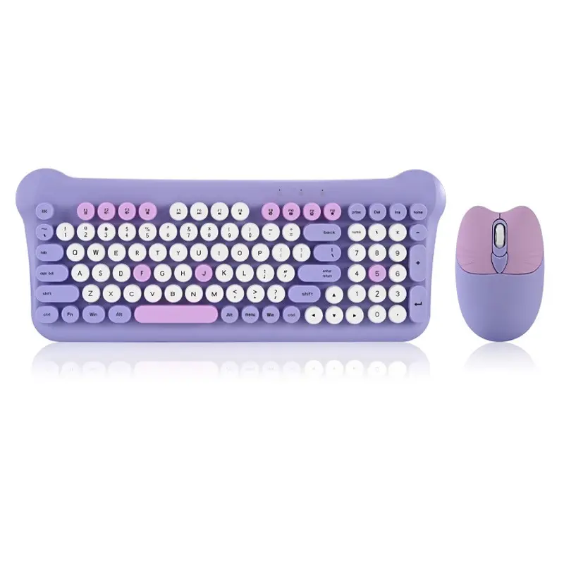 Teclado redondo bonito 2.4 GHz Bluetooth sem fio teclado mouse conjunto teclado e mouse compatível com computador PC laptop rosa