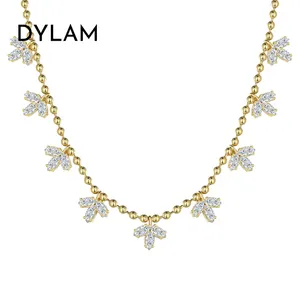 Dylam Luxurious 925 Sterling Silver 18K Gold Plated Hypoallergenic Bay Leaf Bead Chain 5A Cubic Zirconia Necklace for Women