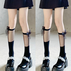Mu Ruan Bow Tie Women's Mid Calf Lolita Style Knee Socks Transparent <b>Side</b> Ribbon Black <b>White</b> Cotton Summer Thin Sock - Product Image 4