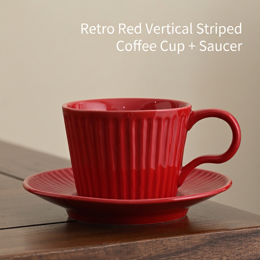 Taza y plato a rayas rojas - 220ml