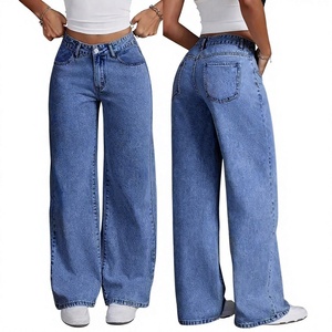 Jeans pour femmes en gros d'usine, très demandés, taille haute, coupe droite ample et décontractée - Product Image 1