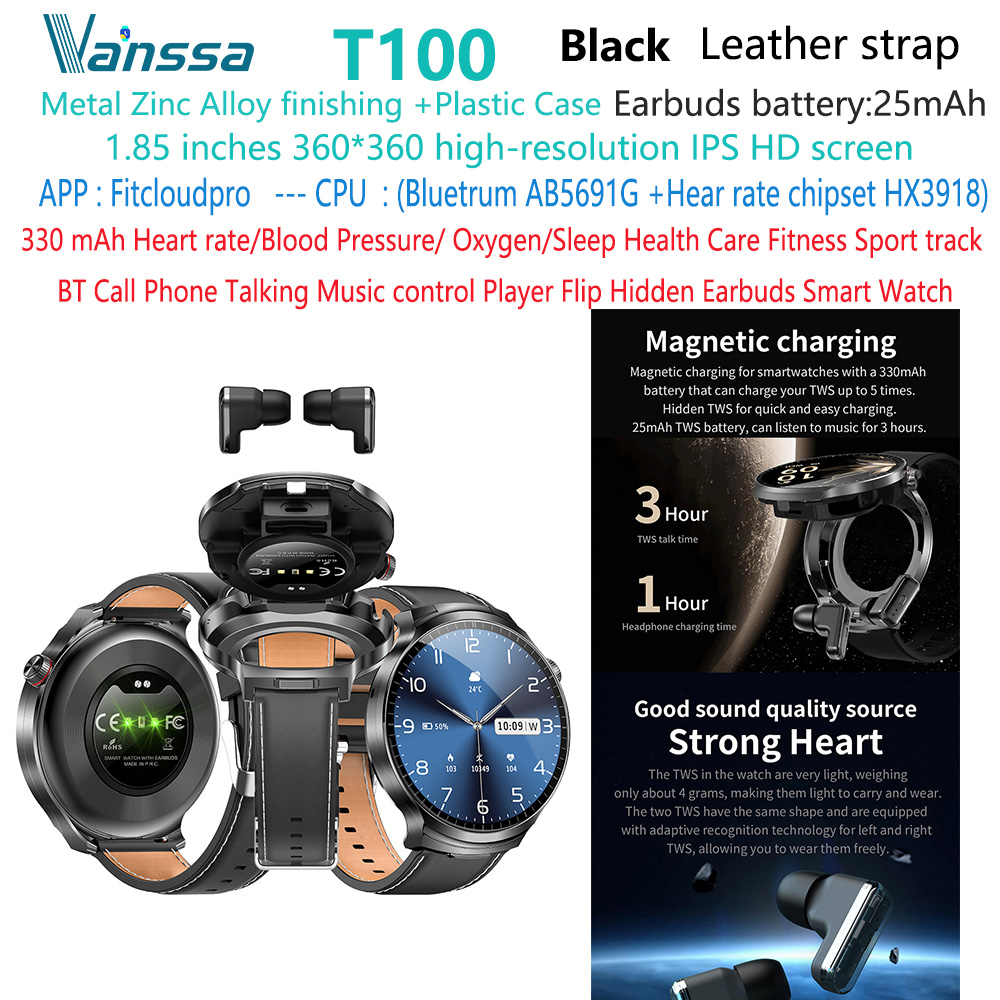 Reloj inteligente con auriculares T100 de cuero negro