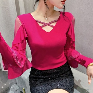 Women's <strong>Mesh</strong> Cut Hollow Rhinestone Shiny <strong>Sequined</strong> Oversized Clothes Tee <strong>Tops</strong> Nightclub Casual Long Sleeve Shirts Party T-shirt - Product Image 2
