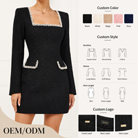 Elegantes Damenkleid mit Quadratischem Ausschnitt und Langen Ärmeln, Figurbetontes Bürokleid mit Kontrastfarbener Paspelierung und Individuellem Logo