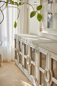 Meuble de salon nordique vintage minimaliste à façade en verre meuble en bois massif buffet à quatre portes <span class=keywords><strong>armoire</strong></span> vintage - Product Image 2