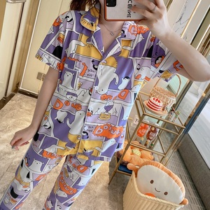 Nuevo Diseño de Pijamas para Mujer, Conjunto de 2 Piezas con Estampado de Dibujos Animados, Pantalones Cortos de Seda de Leche, Ropa de Dormir de Verano con Cuello Solapa - Product Image 2