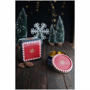 Metal Storage Tin <b>Set</b> – <b>Square</b> & Round Gold Snow Crystal red background Valentine And New Year Design - Product Image 3