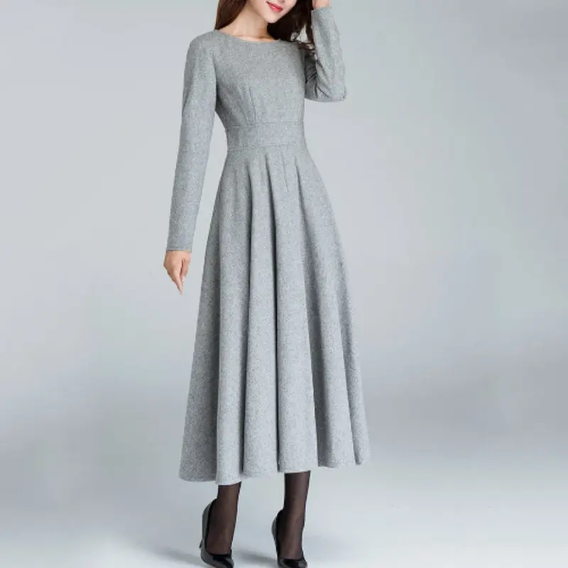 Autumn Winter 100% Cotton Natural Organic Gray Wool Pleated Skirt Warm Solid Color Casual Long Sleeve Plus Size Women's Dresses