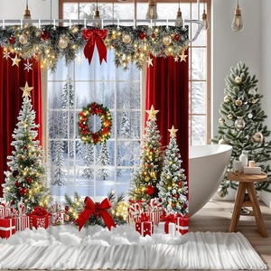 Cortina de Ducha de Poliéster con Diseño Navideño Verde, Cortina de Baño con Impresión Digital, Impermeable, Impresión Personalizada, Venta al por Mayor, Moderna - Product Image 3