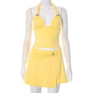 Ensemble jaune 2 pièces pour femme, haut sans manches à bretelles avec ceinture, mini-jupe respirante en tricot, tenue pour sortir - Product Image 6