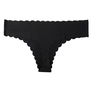 Wholesale Ladies <b>Seamless</b> Ribbed <b>Thong</b> Underwear Scalloped Wave Edge No Show Low Rise Women Panties Solid Solid Color Underpants - Product Image 1