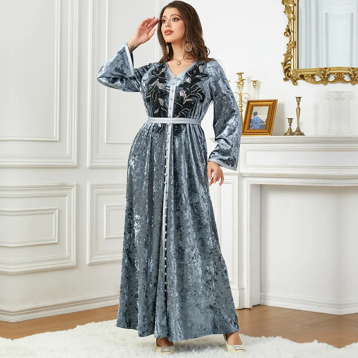 2870 Dubai Arabic Turkish Modest beaded Abaya Wholesale Autumn Winter Lace Velvet Dresses Jalabiya Evening Dresses For Women