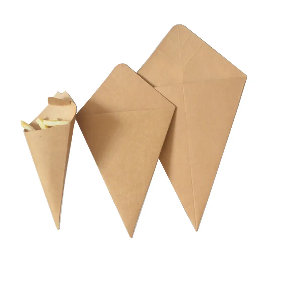 Sin impresión de pliegue francés cono de papel de uso común para el embalaje de alimentos de tamaño mediano