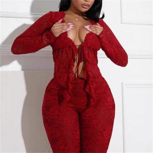 Nuevos conjuntos de encaje de primavera y otoño para mujer, Top ajustado <span class=keywords><strong>Sexy</strong></span> de manga larga y pantalones acampanados, ropa de discoteca roja <span class=keywords><strong>2025</strong></span>, dos trajes de 2 piezas - Product Image 2